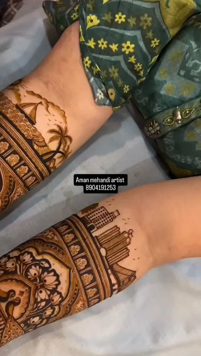 Aesthetic Bridal Full Hand Mehndi Design with Figures (14)