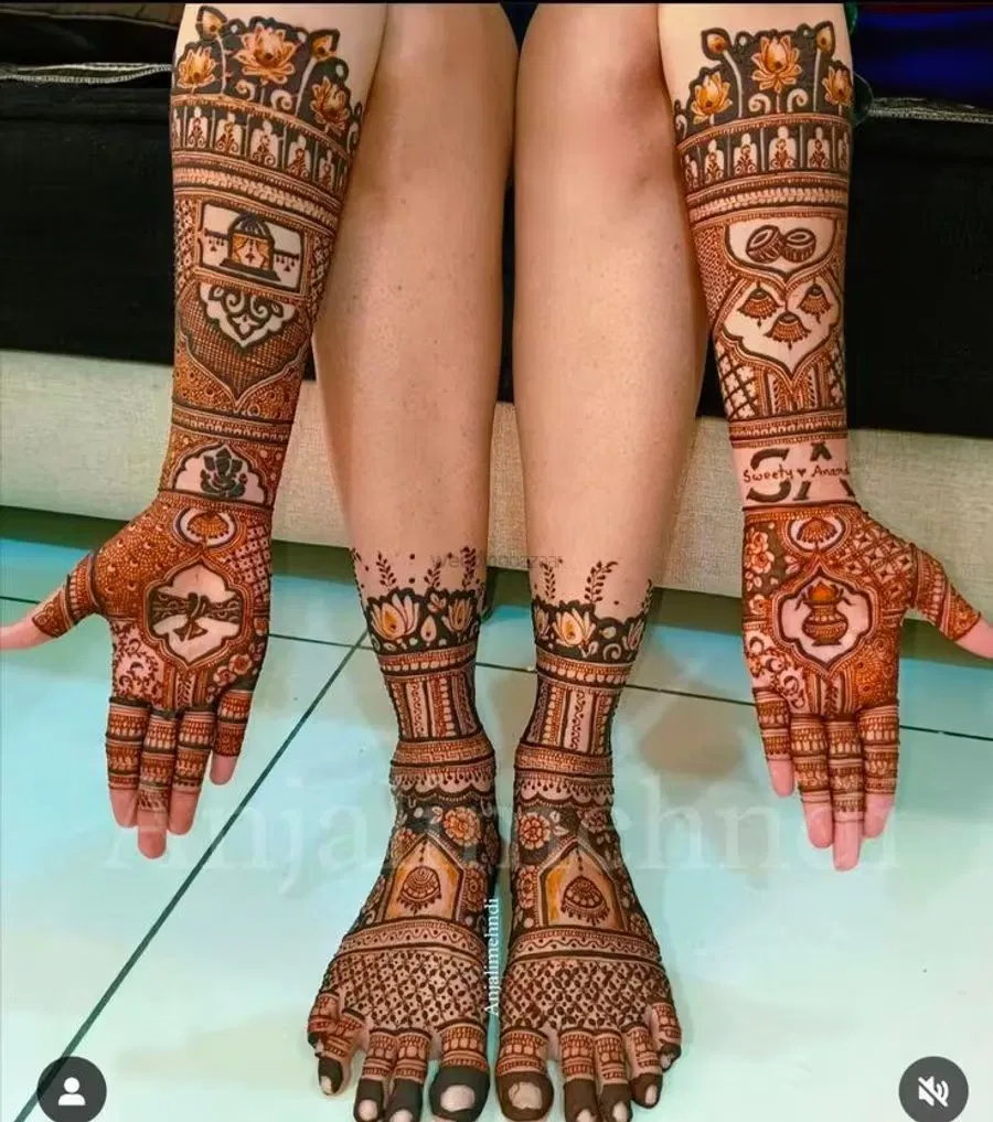 Full Hand Mehndi Design with Figures and Hearts (26)