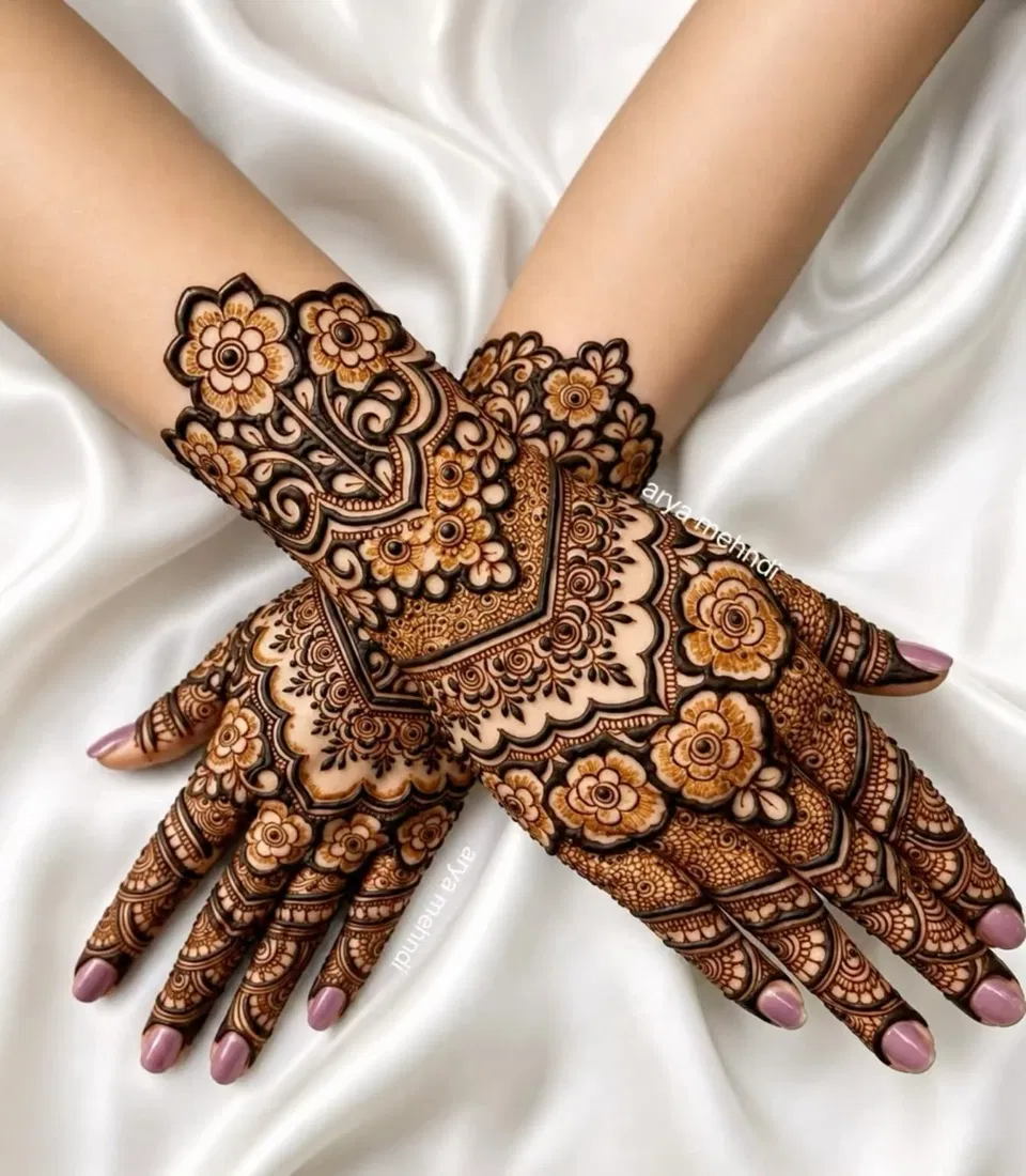 Bridal Indian Front Hand Mehndi Design with Figures, Flowers and Hearts for Karwa Chauth