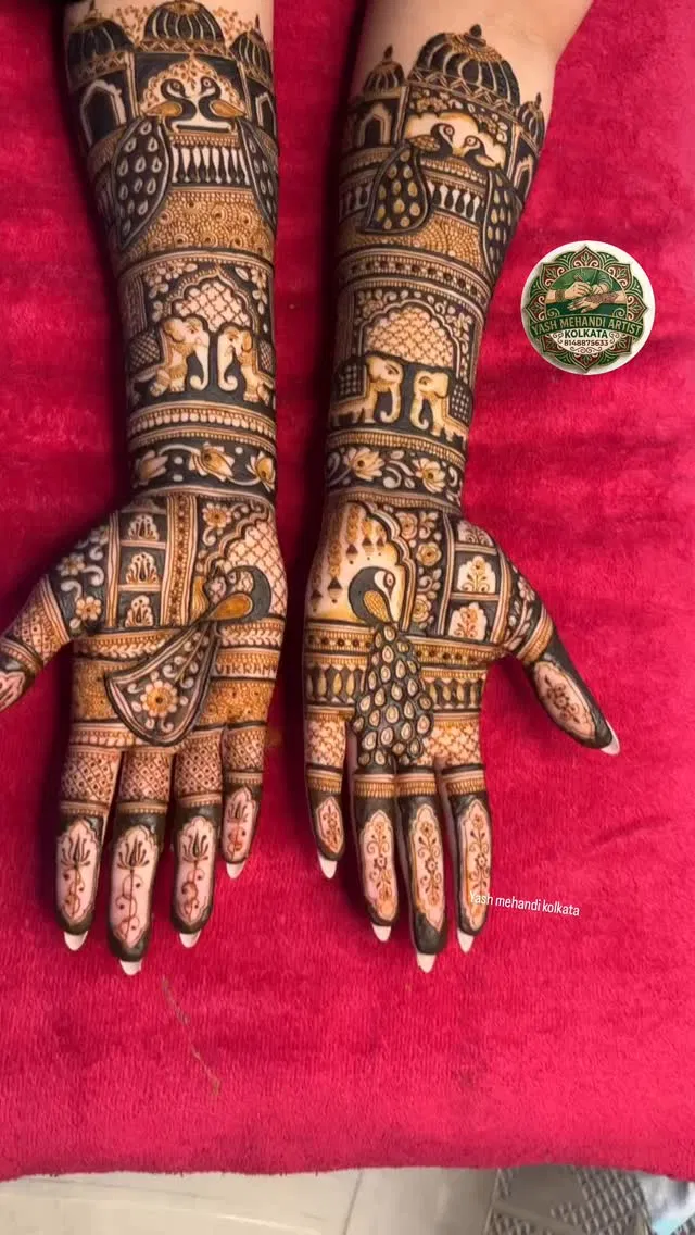 Bridal Mehndi Design with Figures and Peacock (5)