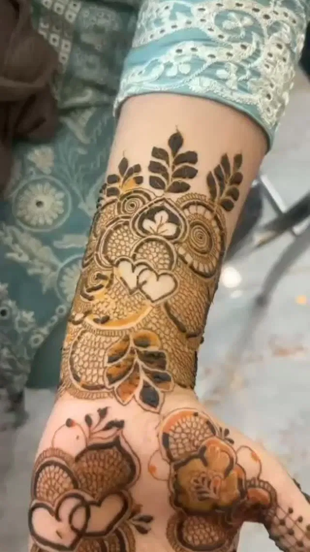 Full Hand Mehndi Design with Hearts and Peacock