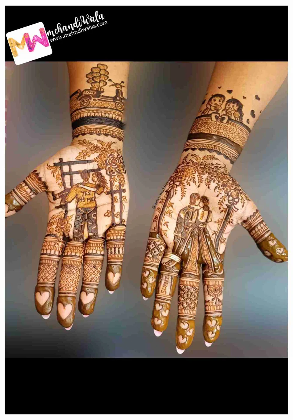 Front Hand Mehndi Design with Figures and Hearts