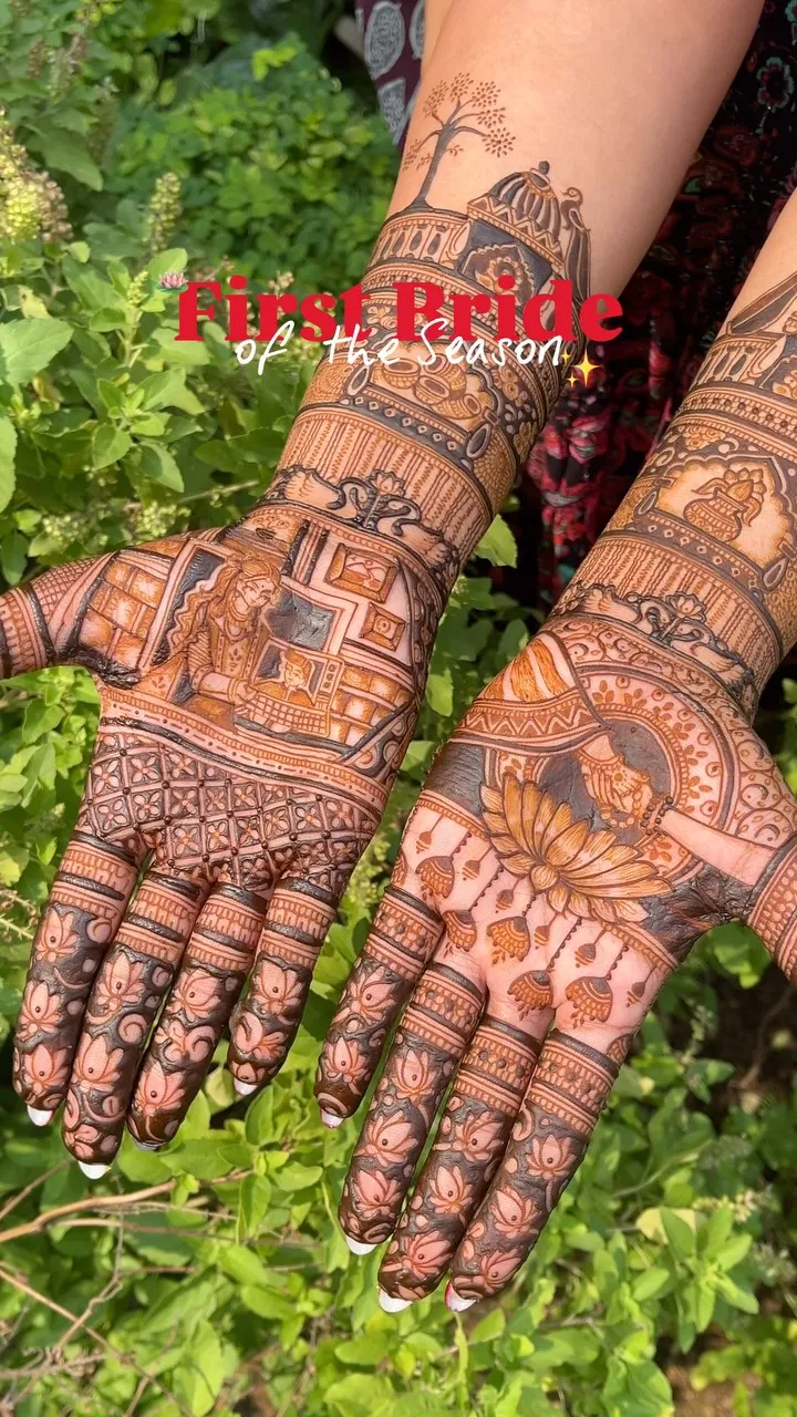 Bridal Mehndi Design with Figures and Lotus