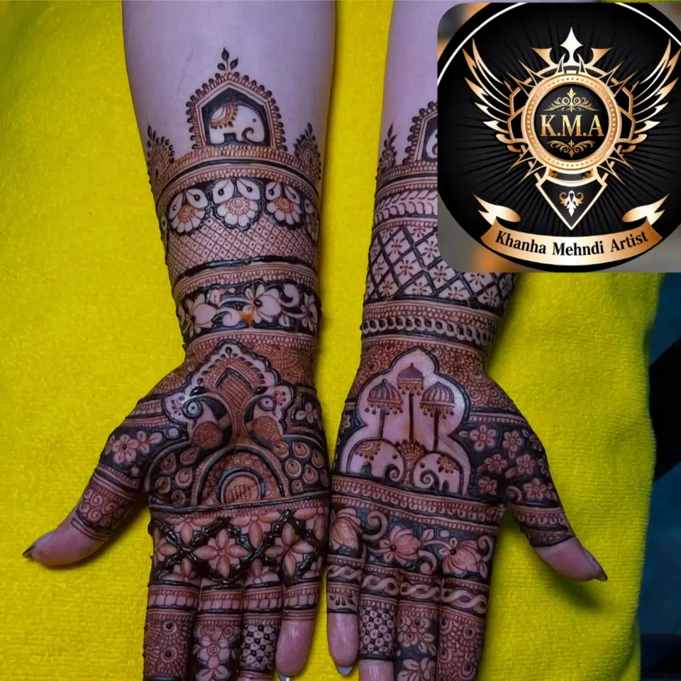 Bridal Full Hand Mehndi Design with Gol Tikki, Figures and Lotus