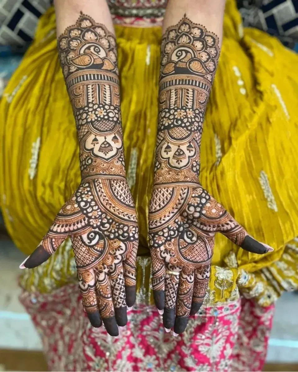 Bridal Back Hand Mehndi Design with Figures and Jaal