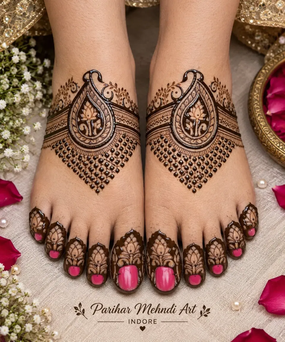 Foot Mehndi Design with Hearts and Lotus