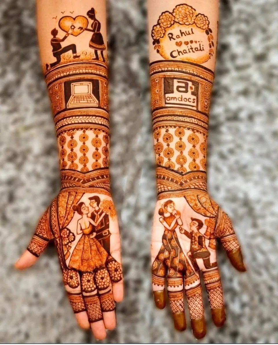 Stylish Full Hand Mehndi Design with Figures and Jaal for Engagement