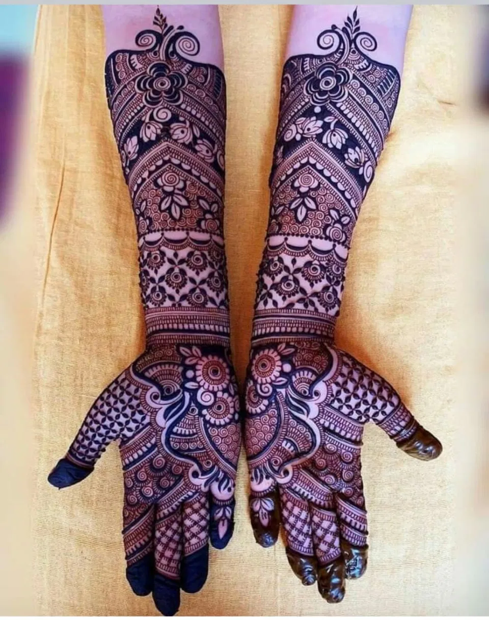 Bridal Indian Full Hand Mehndi Design with Figures and Jaal for Teej