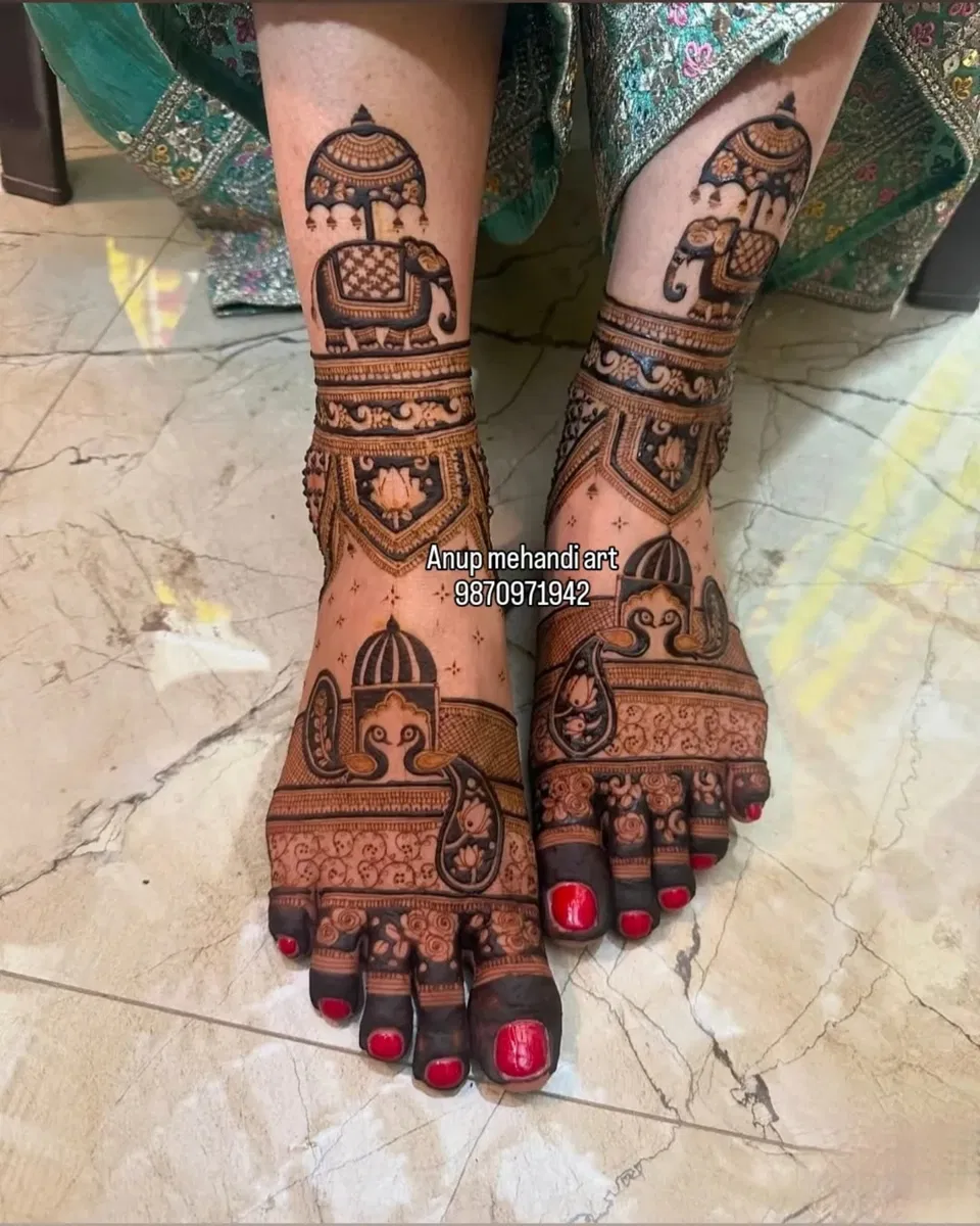 Bridal Foot Mehndi Design with Figures, Hearts and Peacock (2)