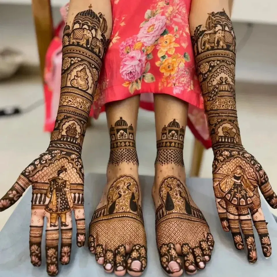 Bridal Foot Mehndi Design with Figures and Jaal (3)