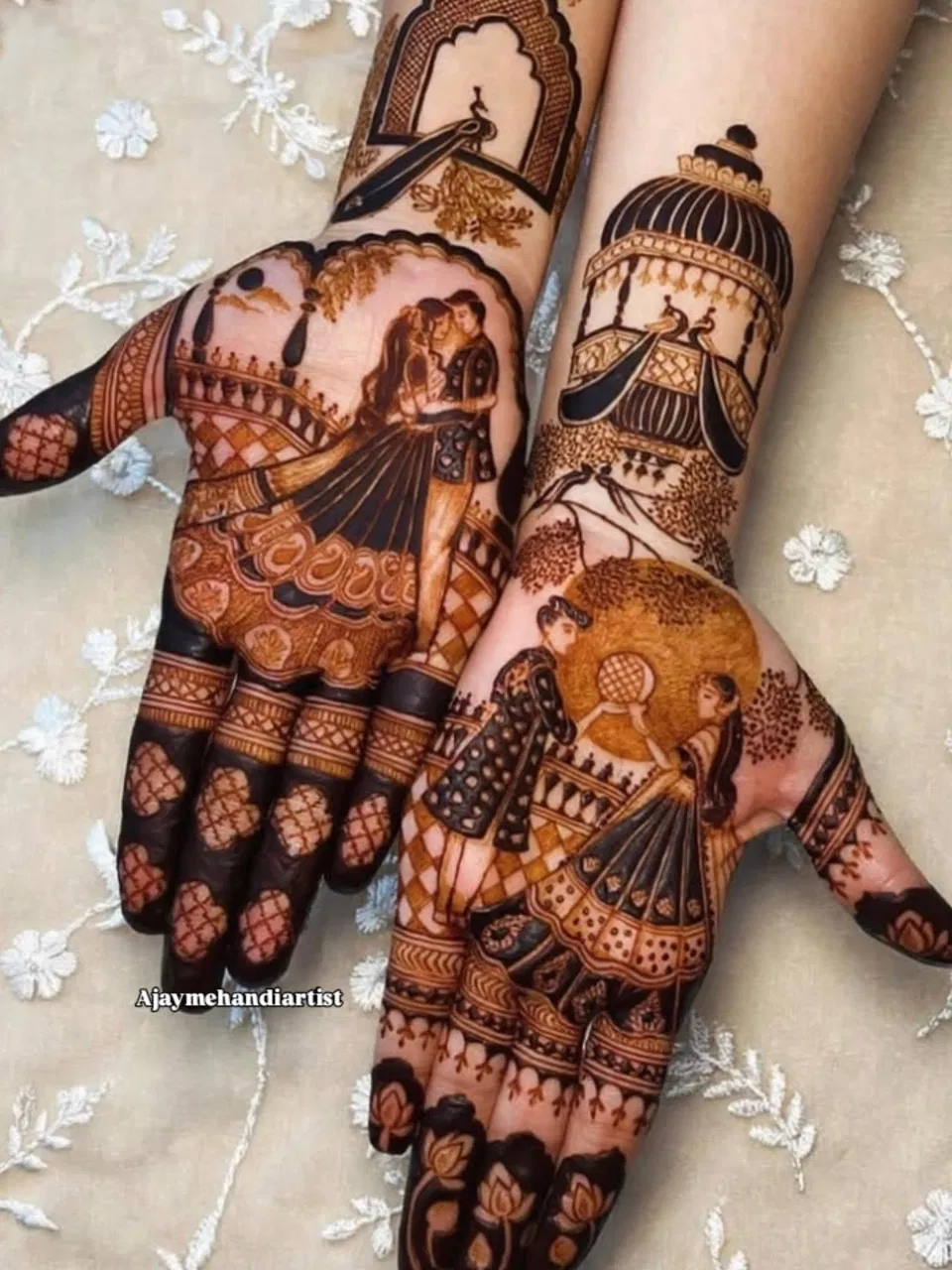 Bridal Full Hand Mehndi Design with Figures and Hearts for Karwa Chauth (3)