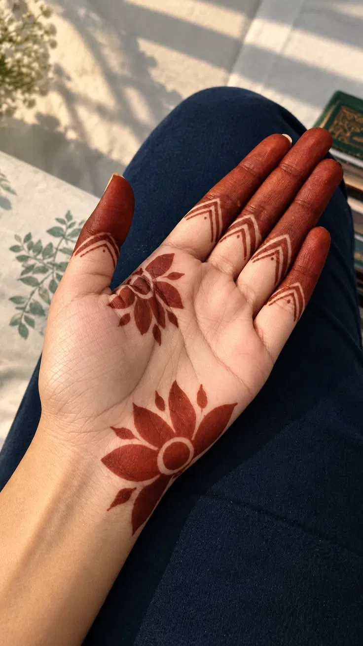 Aesthetic Minimal Finger Mehndi Design with Deity and Jaal