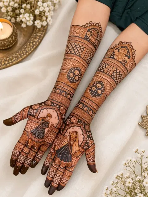 bridal deity full hand mehndi design
