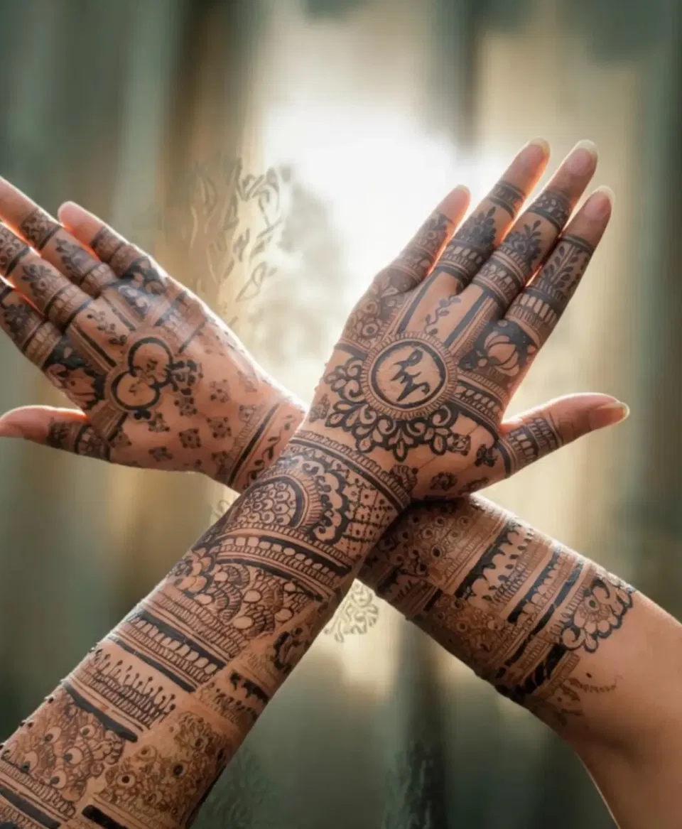 Full Hand Mehndi Design with Figures for Engagement (2)