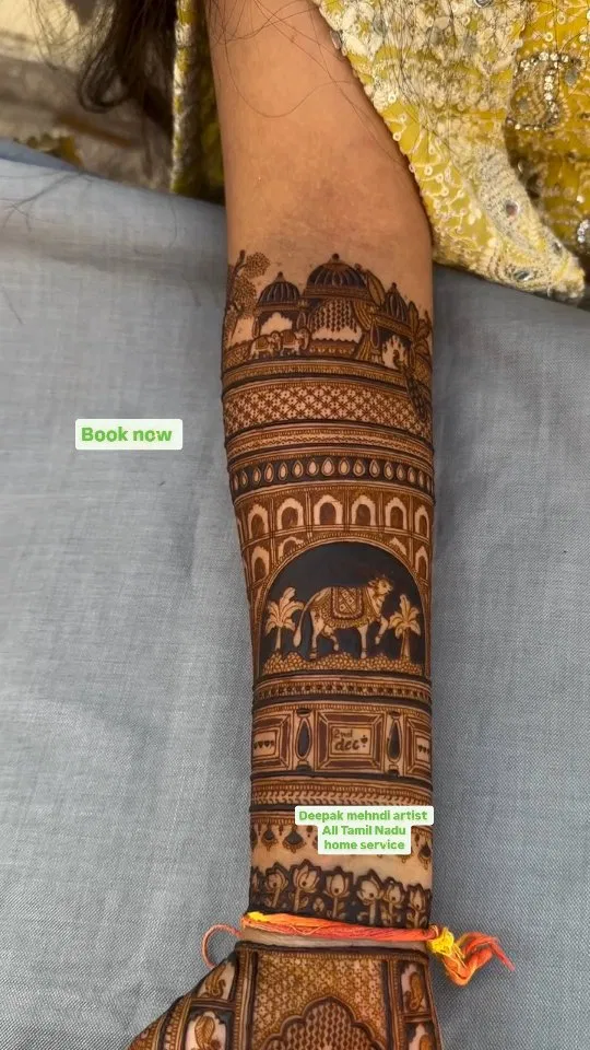 Aesthetic Bridal Full Hand Mehndi Design with Figures for Engagement