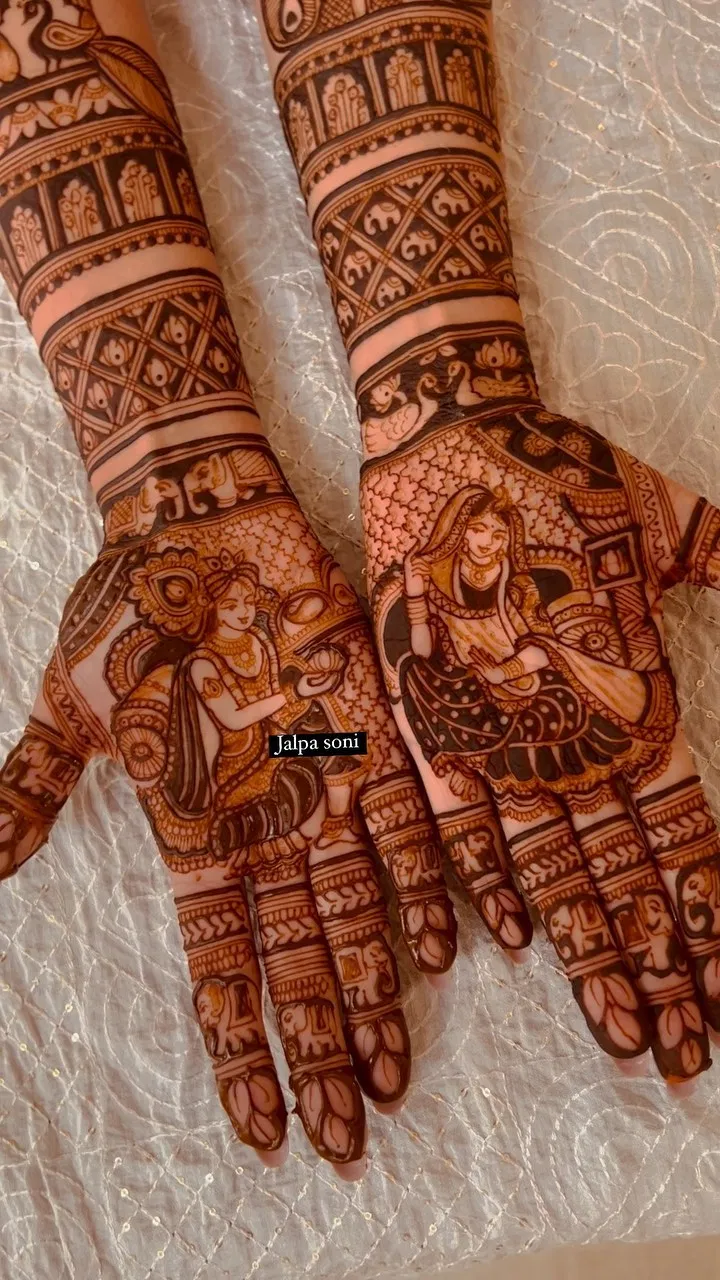 Aesthetic Bridal Full Hand Mehndi Design with Deity, Figures and Hearts (3)
