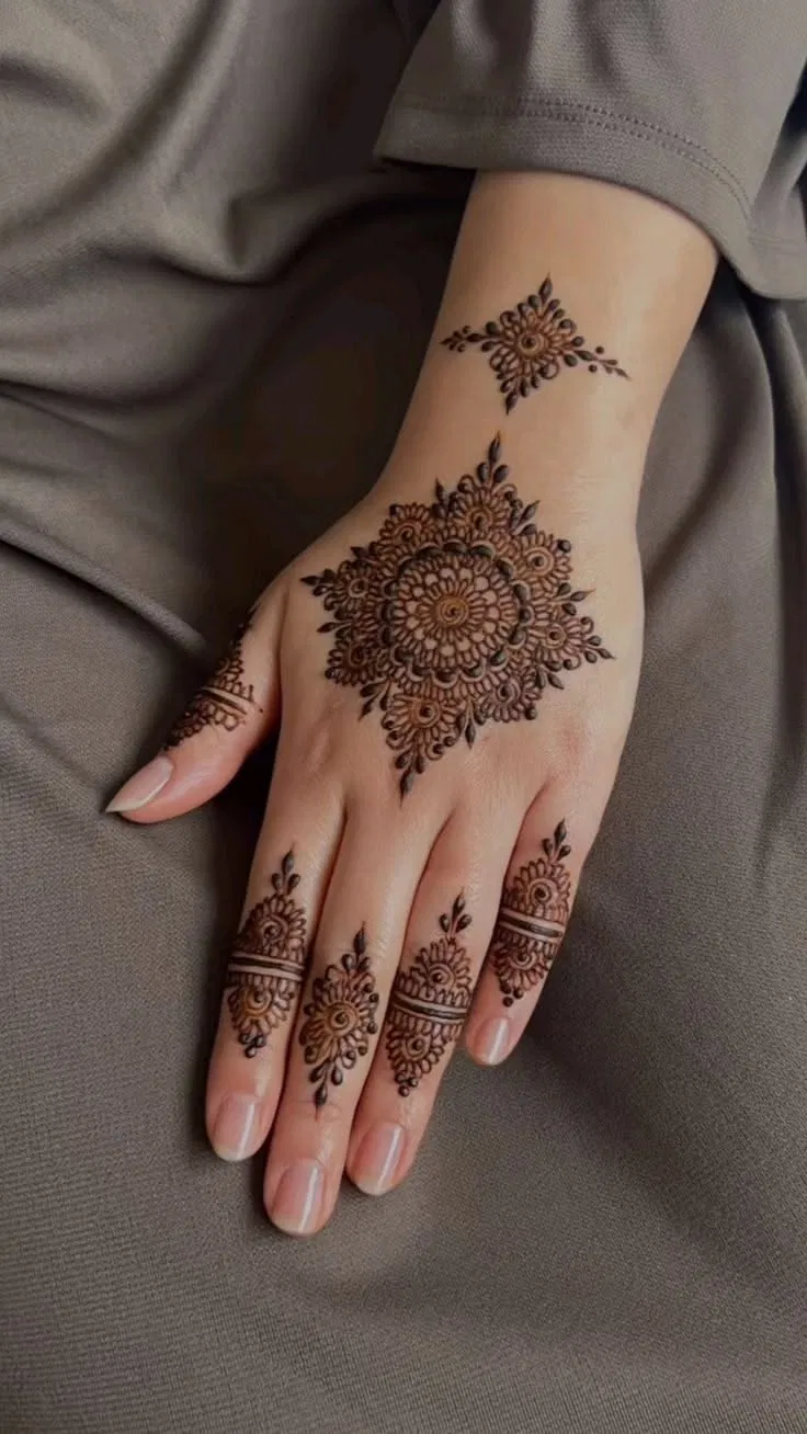 Aesthetic Indian Back Hand Mehndi Design with Gol Tikki and Jaal
