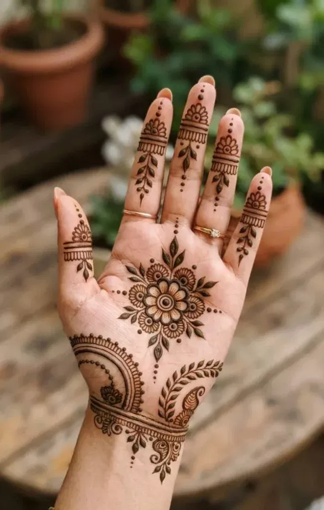 Aesthetic Simple Finger Mehndi Design with Gol Tikki and Flowers (2)