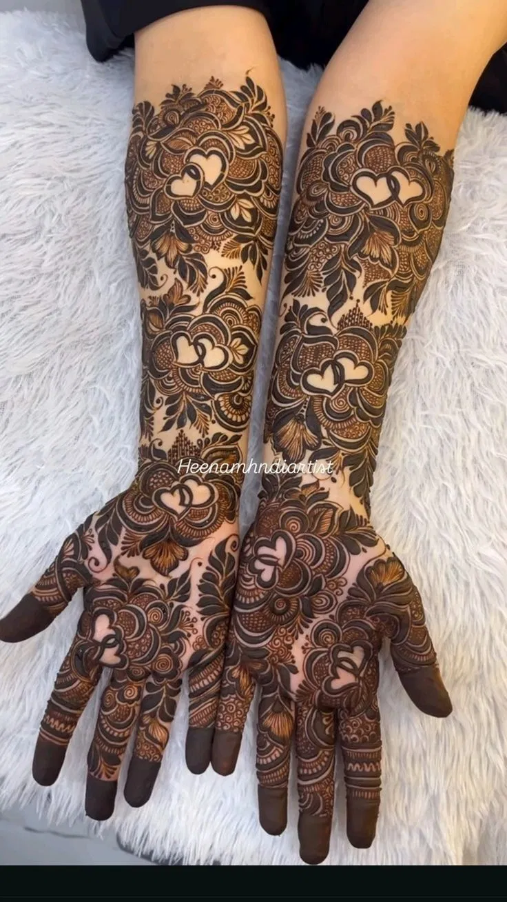 Aesthetic Bridal Back Hand Mehndi Design with Hearts