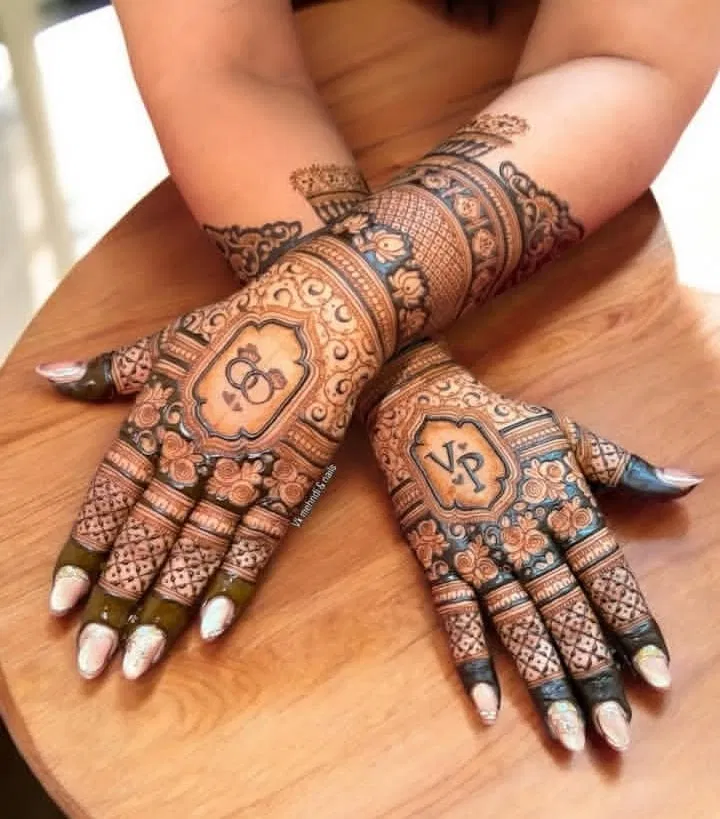 Bridal Stylish Back Hand Mehndi Design with Figures and Hidden Name for Engagement