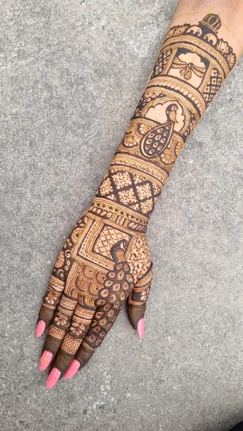 aesthetic bridal figure back hand mehndi design
