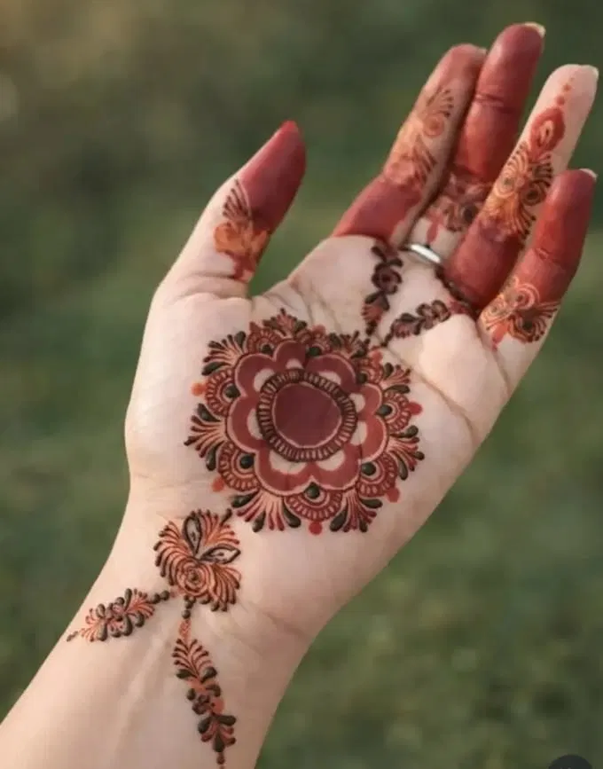 Aesthetic Arabic Front Hand Mehndi Design with Gol Tikki, Flowers and Jaal