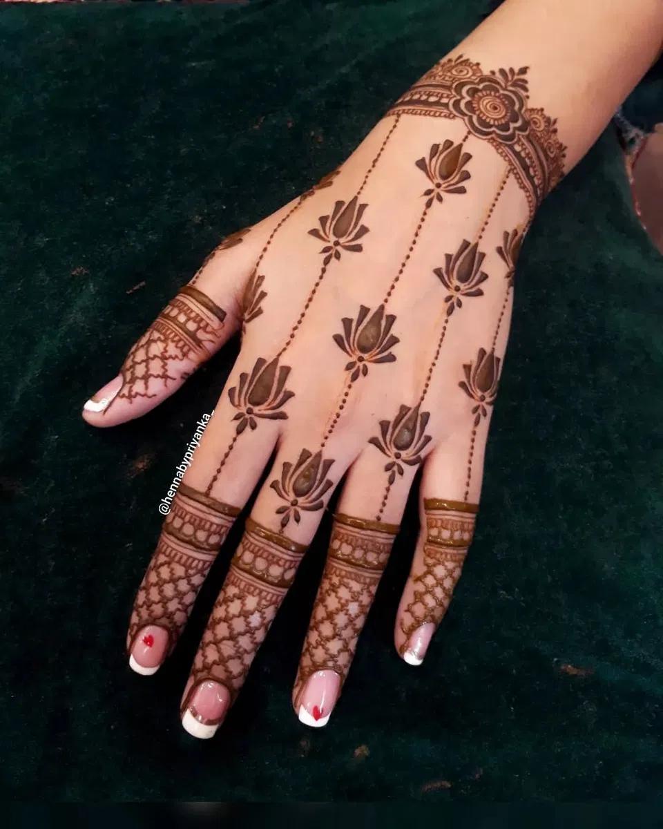 Aesthetic Minimal Back Hand Mehndi Design with Gol Tikki, Flowers and Lotus for Diwali (3)