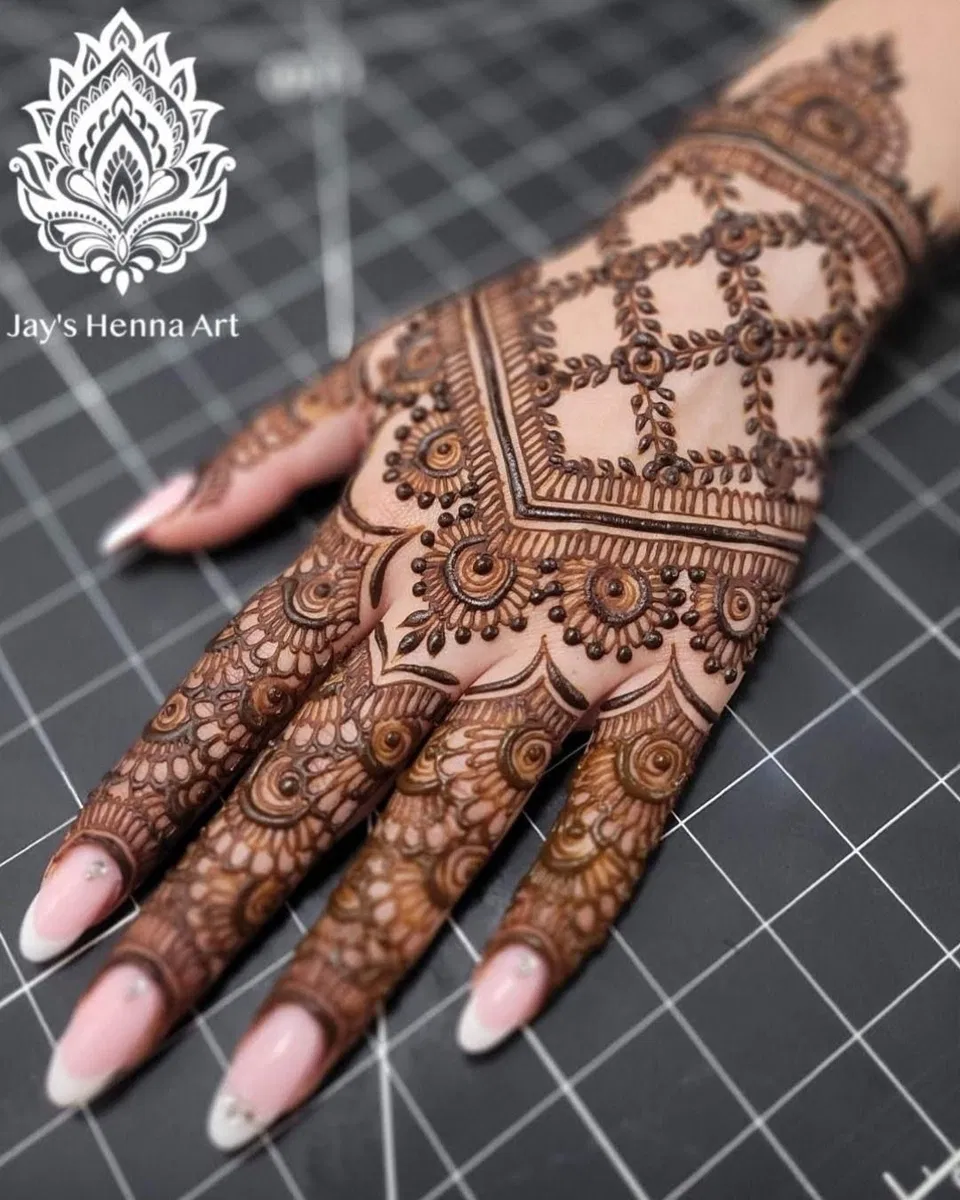 Bridal Indian Arm Mehndi Design with Bel and Jaal