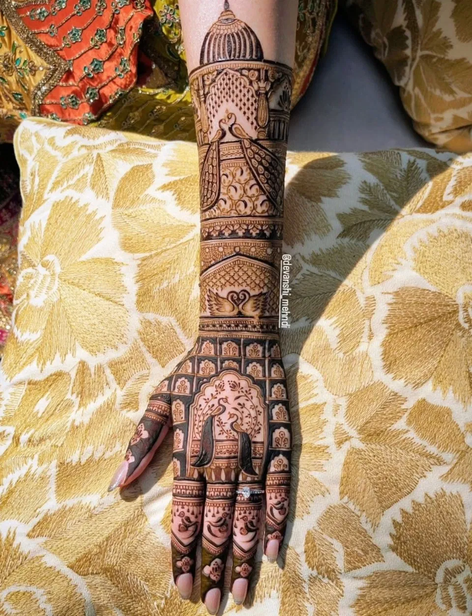 Bridal Royal Back Hand Mehndi Design with Figures and Peacock for Engagement