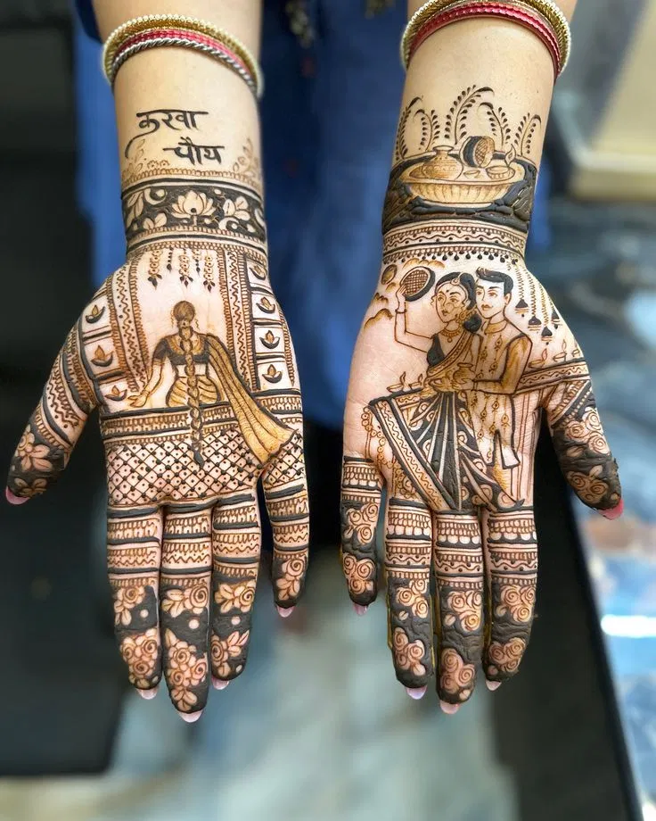 Bridal Full Hand Mehndi Design with Figures and Jaal for Karwa Chauth