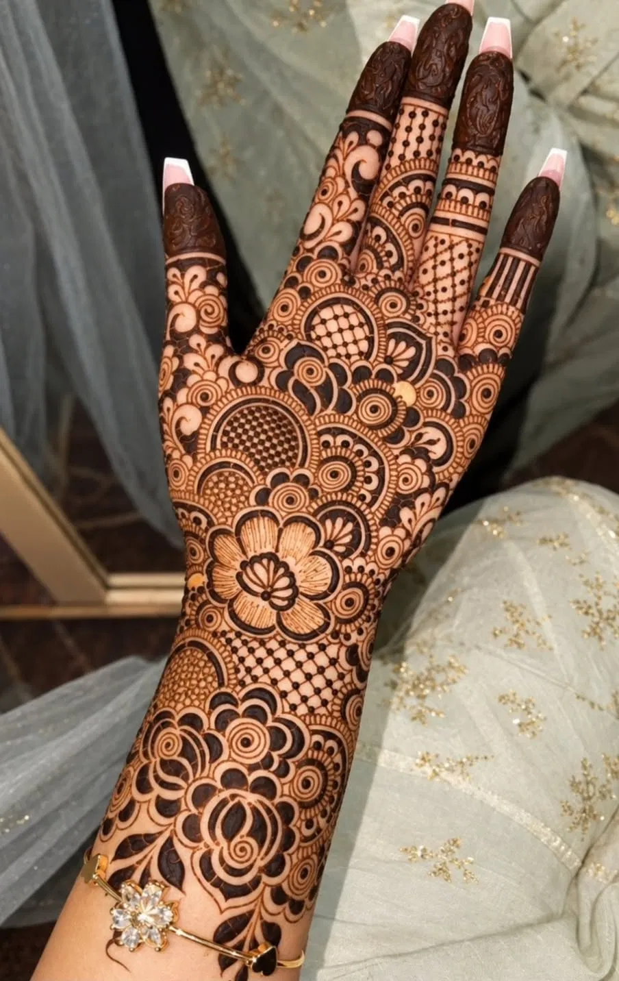 Arabic Bridal Front Hand Mehndi Design with Flowers and Moon