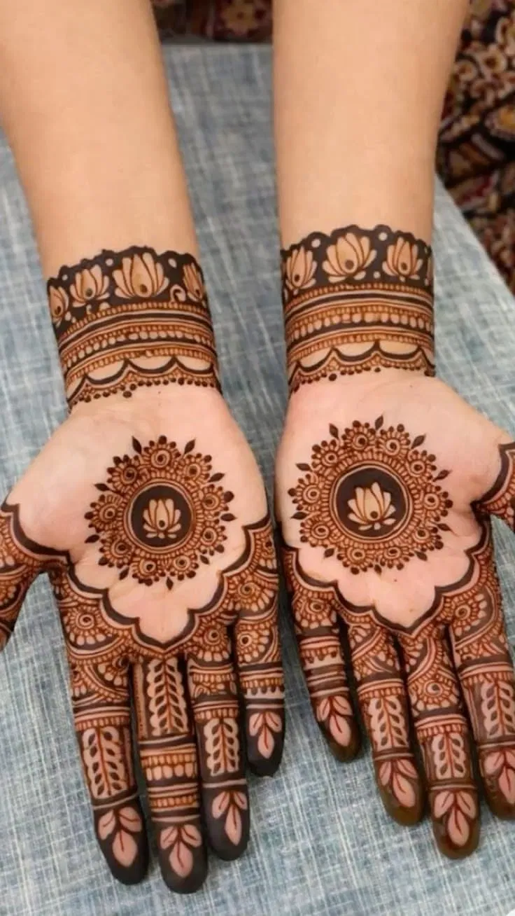 Aesthetic Bridal Front Hand Mehndi Design with Gol Tikki and Lotus for Diwali