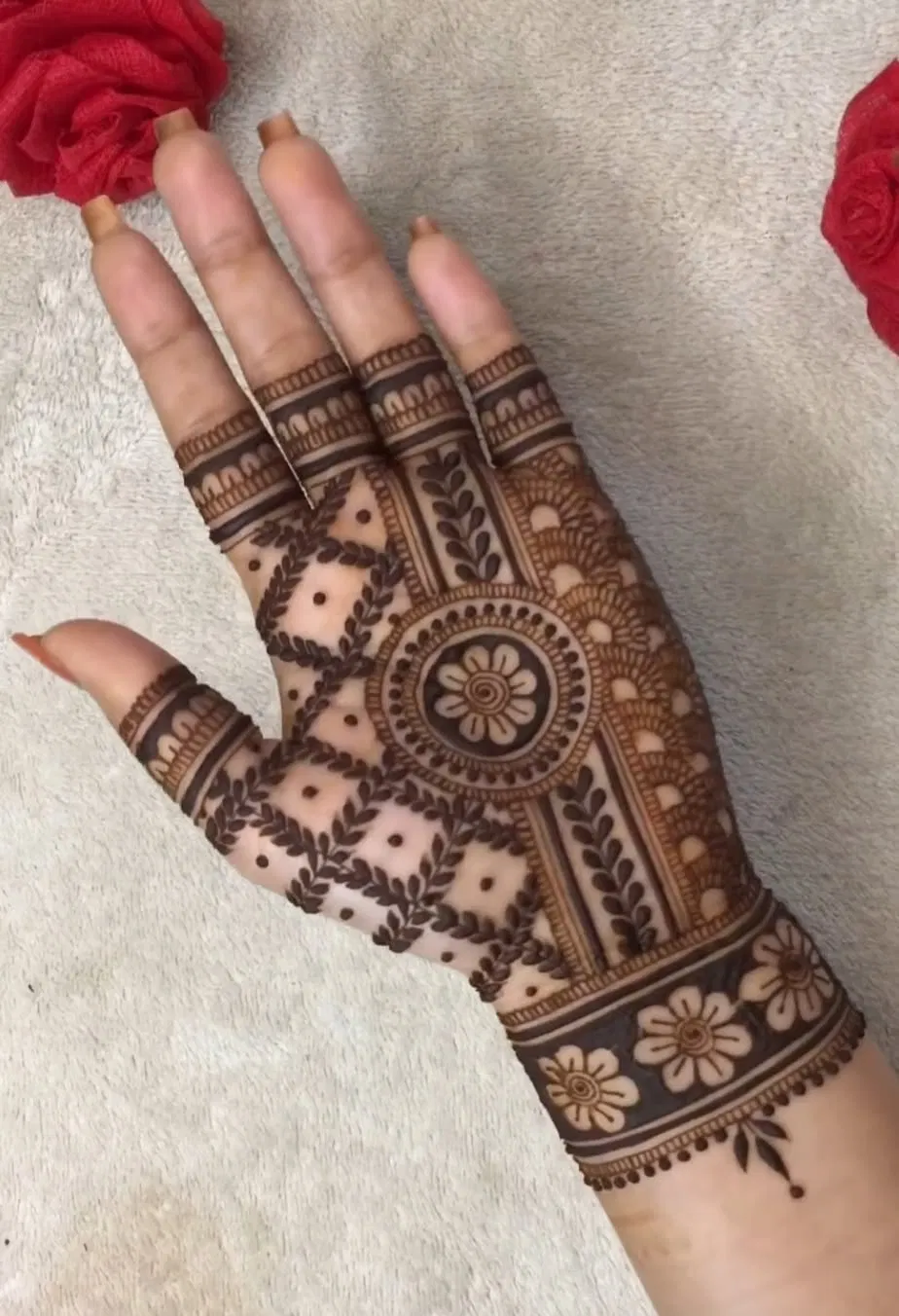 Aesthetic Front Hand Mehndi Design with Gol Tikki and Flowers for Diwali