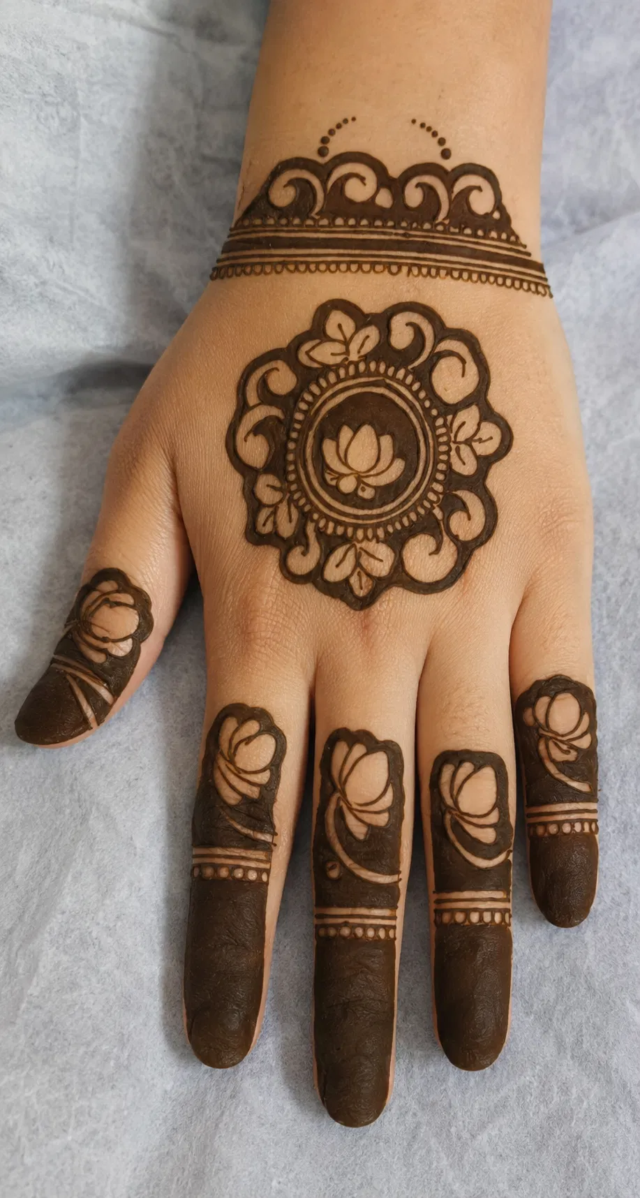 Arabic Back Hand Mehndi Design with Gol Tikki and Lotus