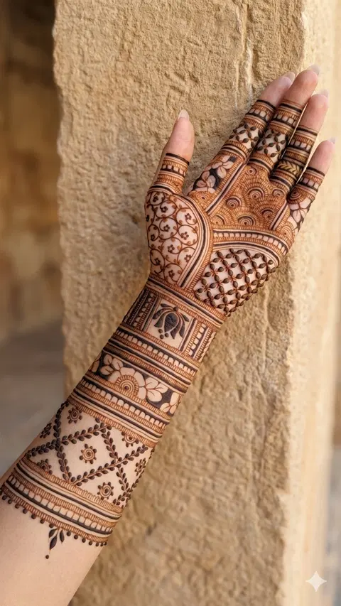 bridal stylish jaal arm mehndi design