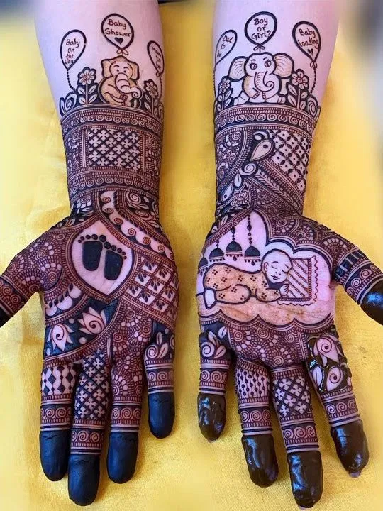 Half Hand Mehndi Design with Figures and Jaal