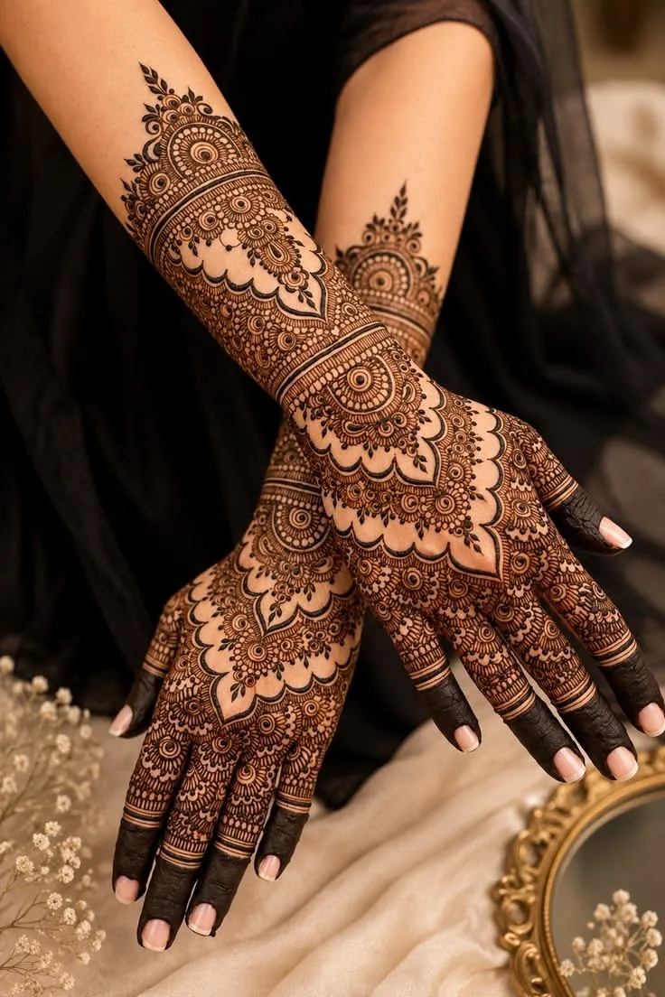Aesthetic Bridal Arm Mehndi Design for Engagement