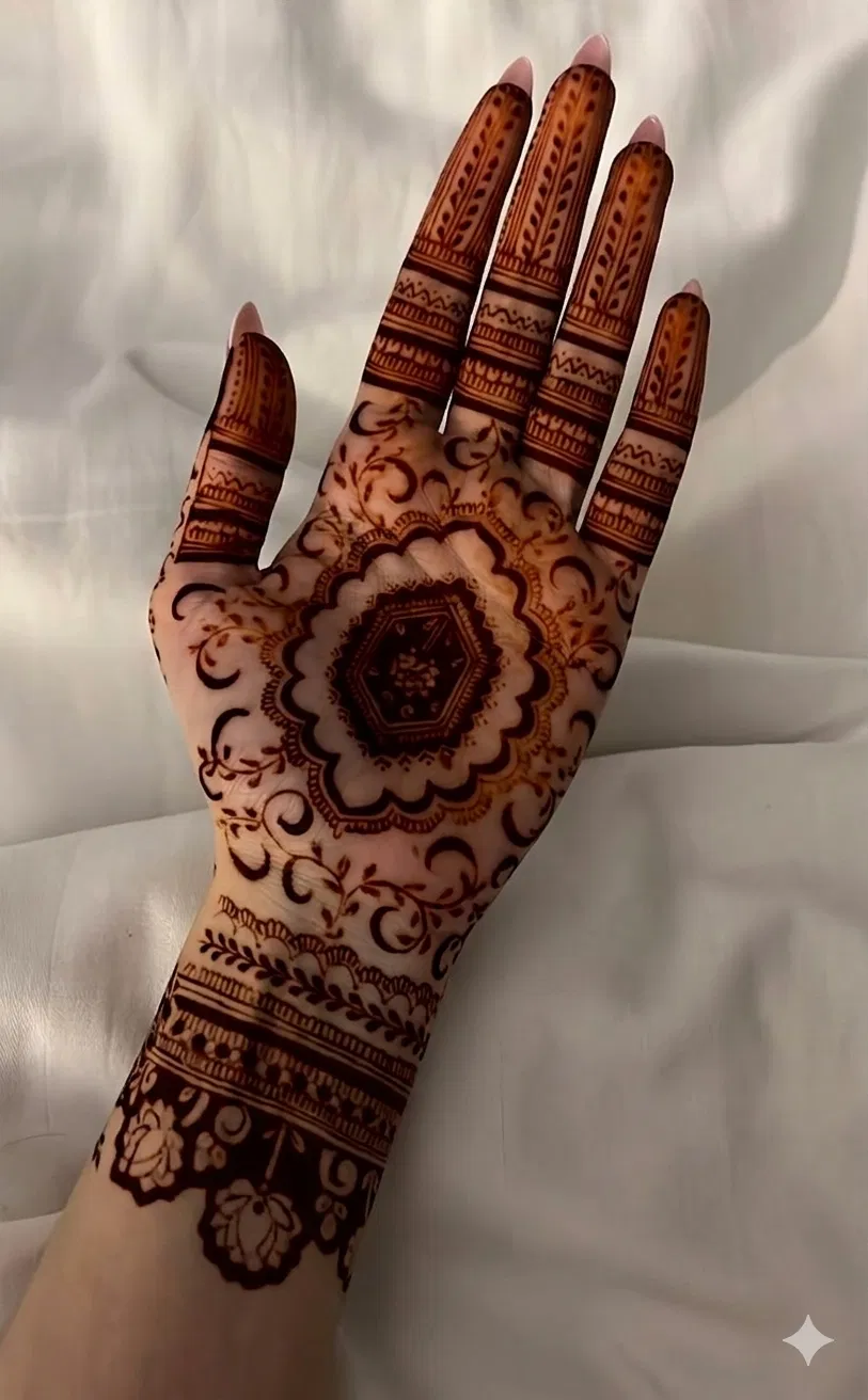 Bridal Indian Finger Mehndi Design with Gol Tikki for Eid