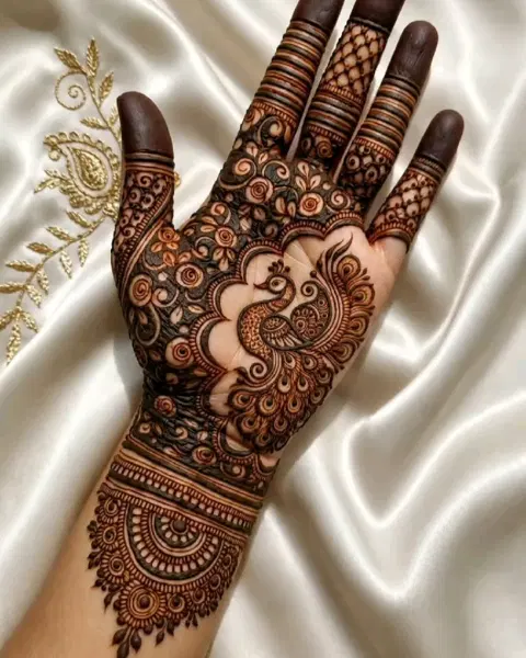 aesthetic bridal peacock front hand mehndi design