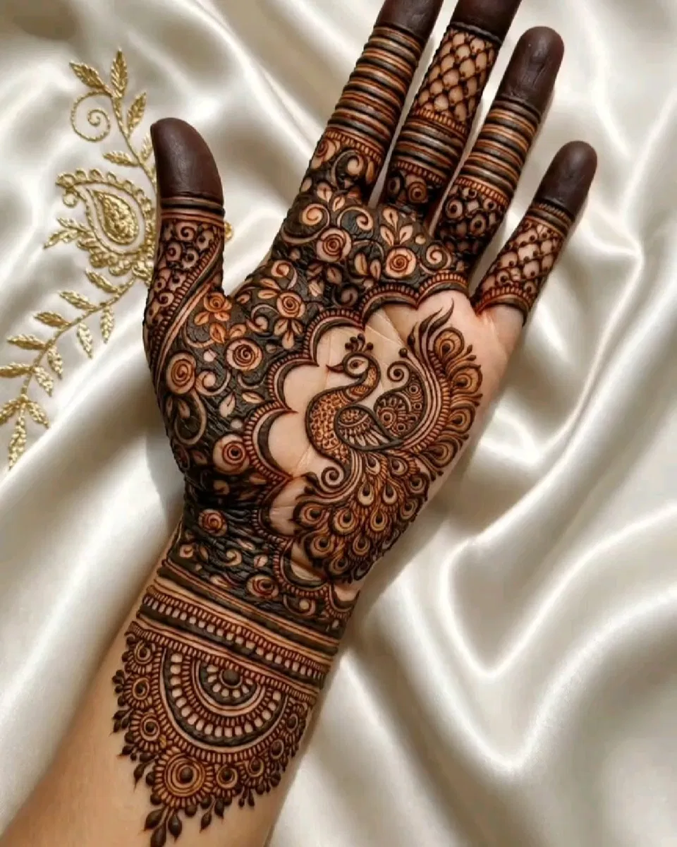 Aesthetic Bridal Front Hand Mehndi Design with Peacock for Teej
