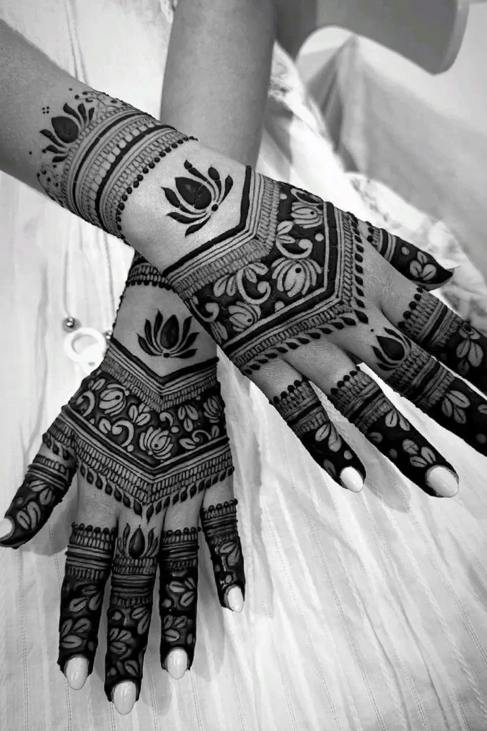 Aesthetic Bridal Back Hand Mehndi Design with Lotus for Teej