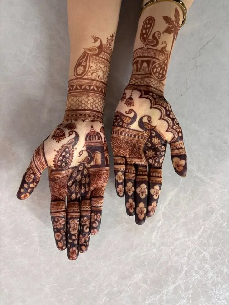 Aesthetic Indian Front Hand Mehndi Design with Peacock for Engagement