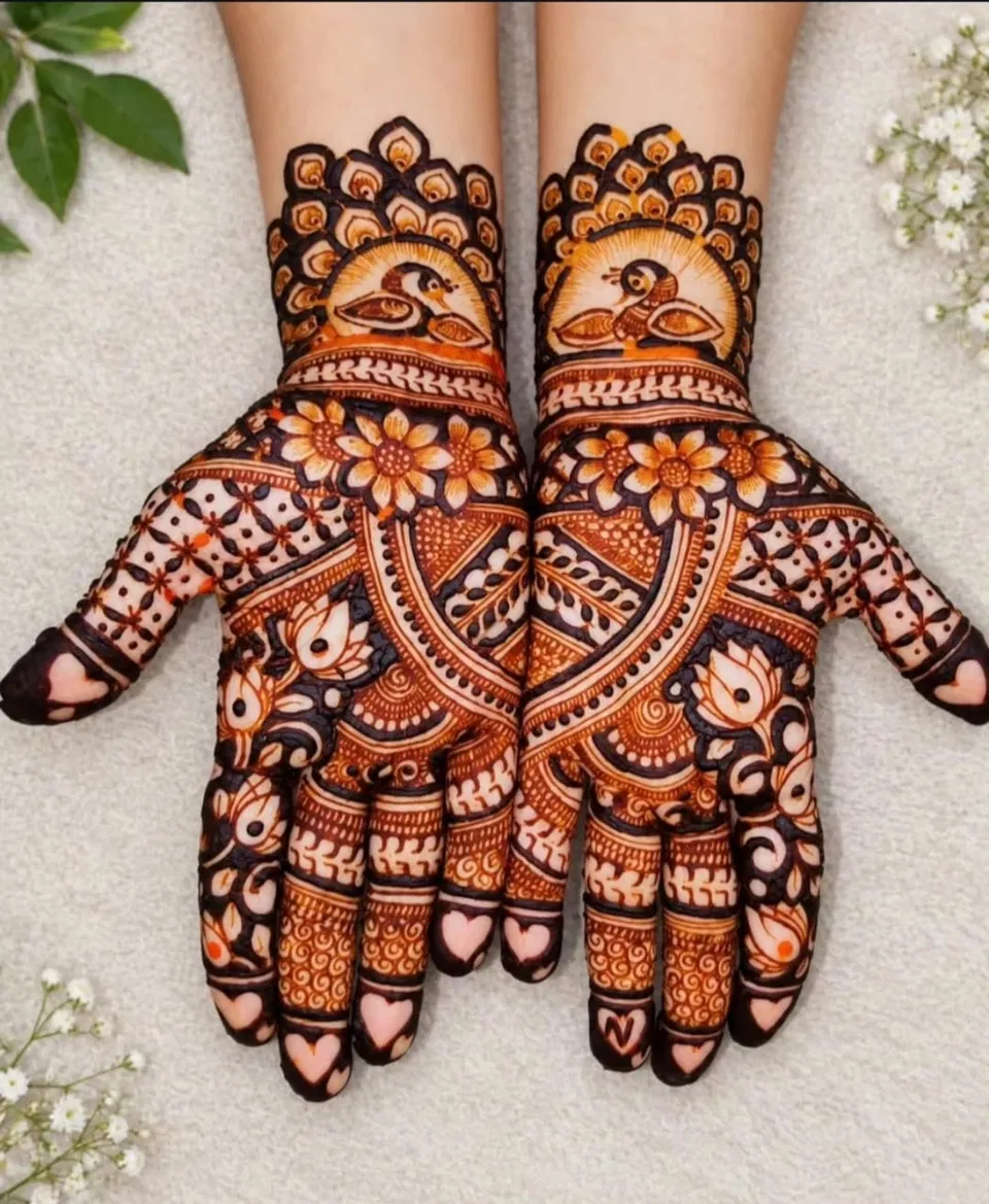Bridal Indian Full Hand Mehndi Design with Figures and Hearts (2)