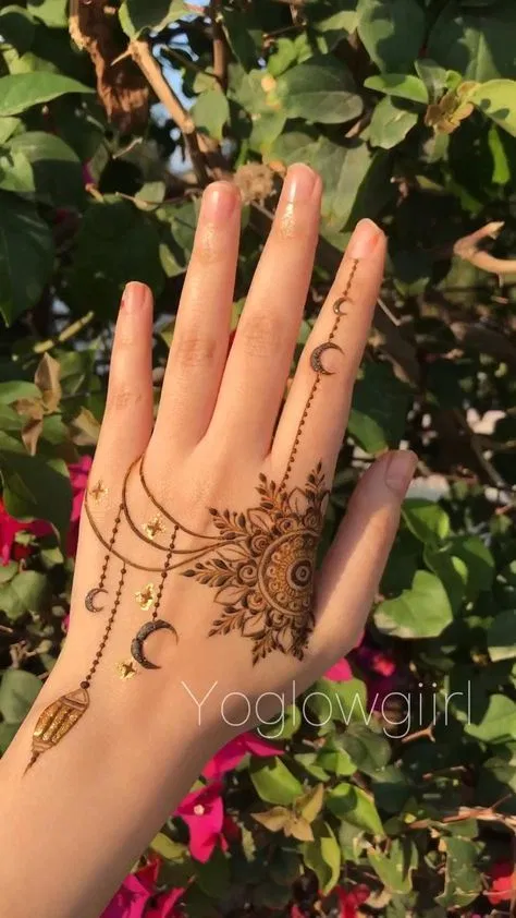 Aesthetic Simple Back Hand Mehndi Design with Gol Tikki, Flowers and Hearts for Eid (2)