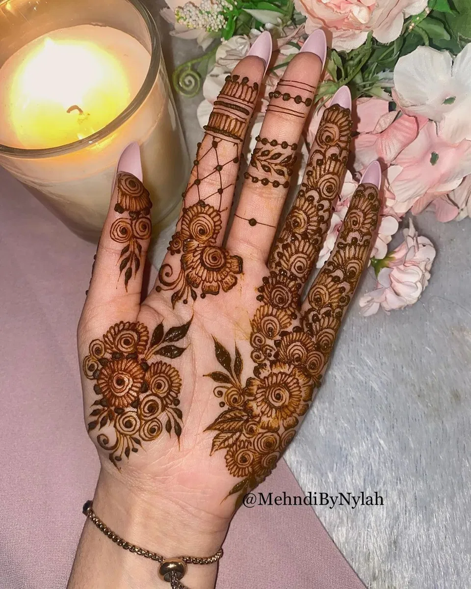 Aesthetic Arabic Front Hand Mehndi Design with Flowers for Eid (7)