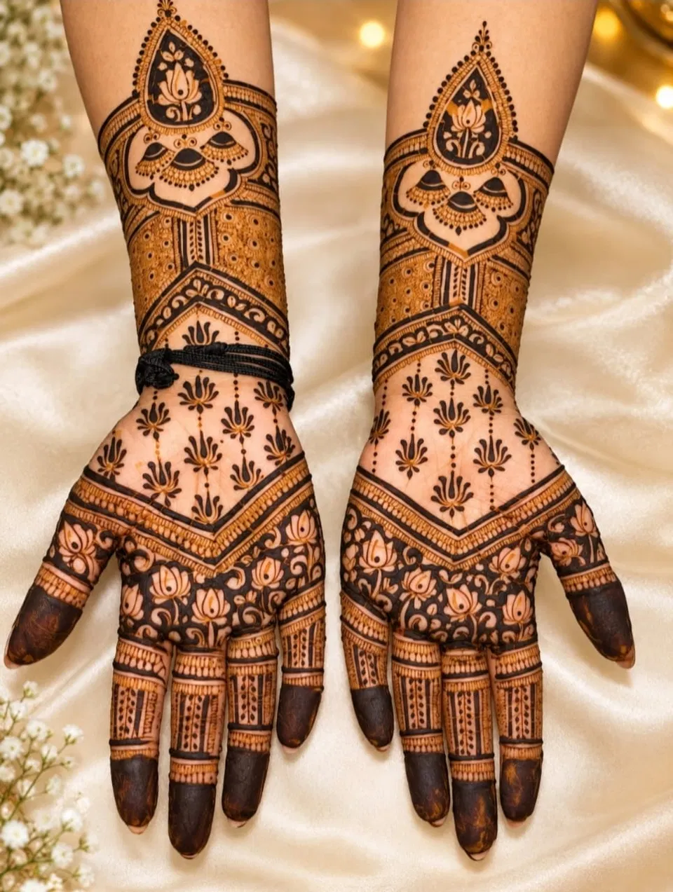 Back Hand Mehndi Design with Figures and Lotus