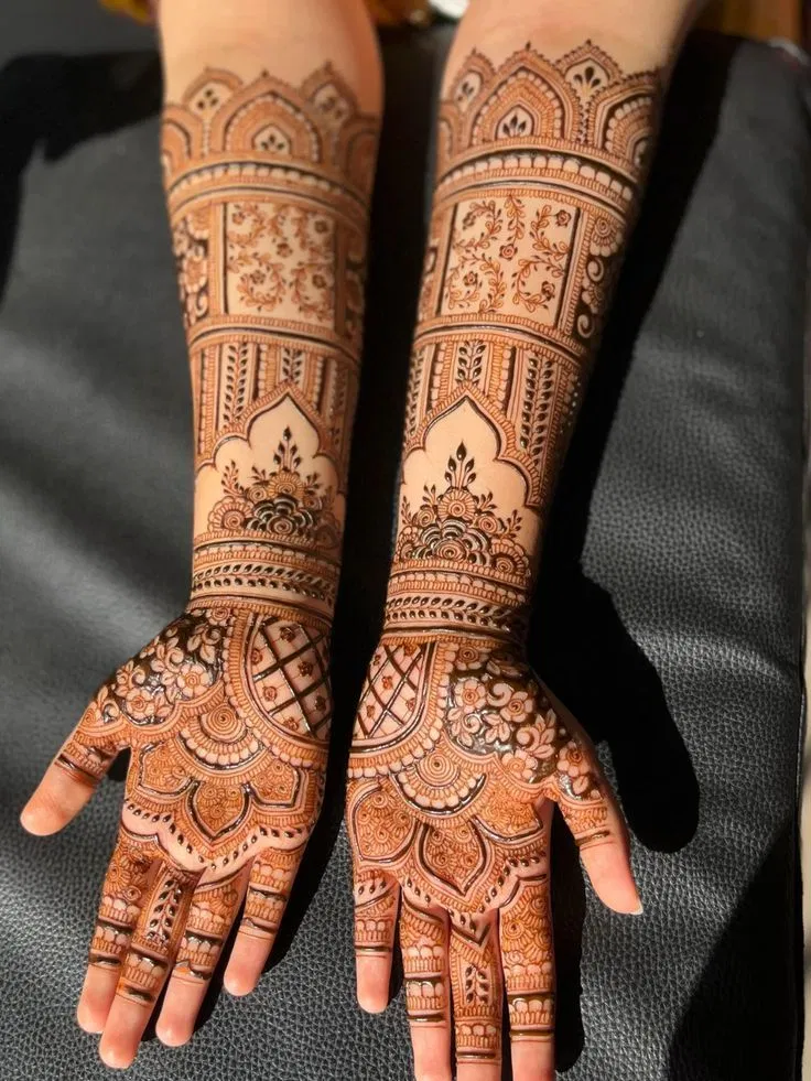 Bridal Indian Front Hand Mehndi Design with Deity and Figures