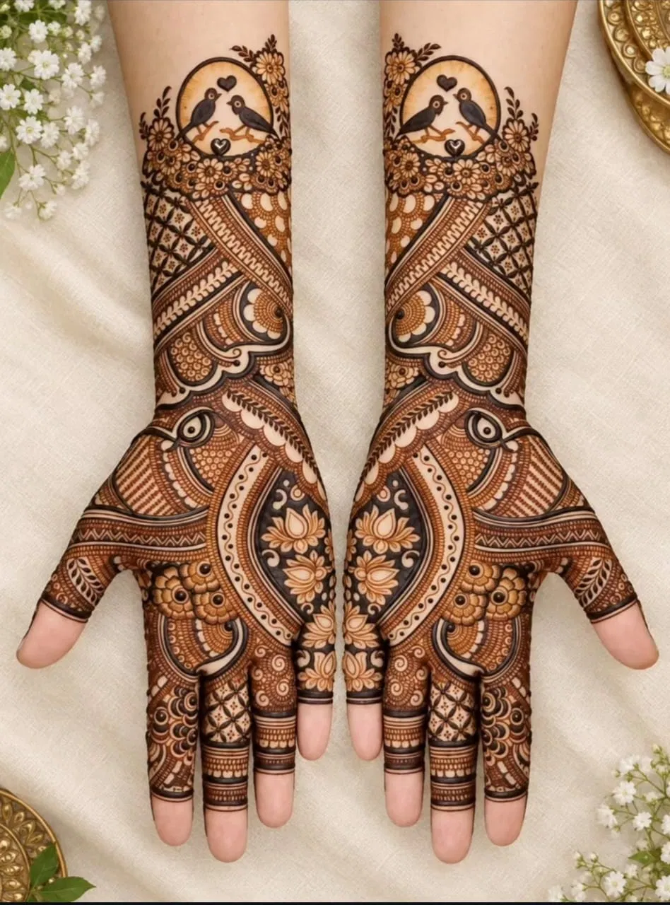 Bridal Front Hand Mehndi Design with Figures and Hearts (2)