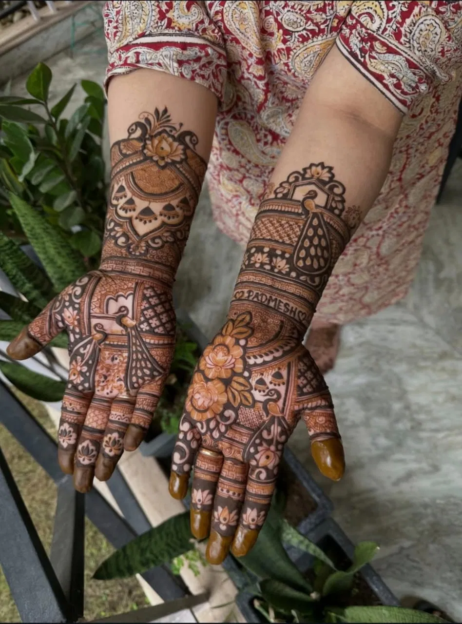 Front Hand Mehndi Design with Figures and Hearts
