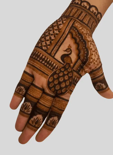 aesthetic indian peacock front hand mehndi design